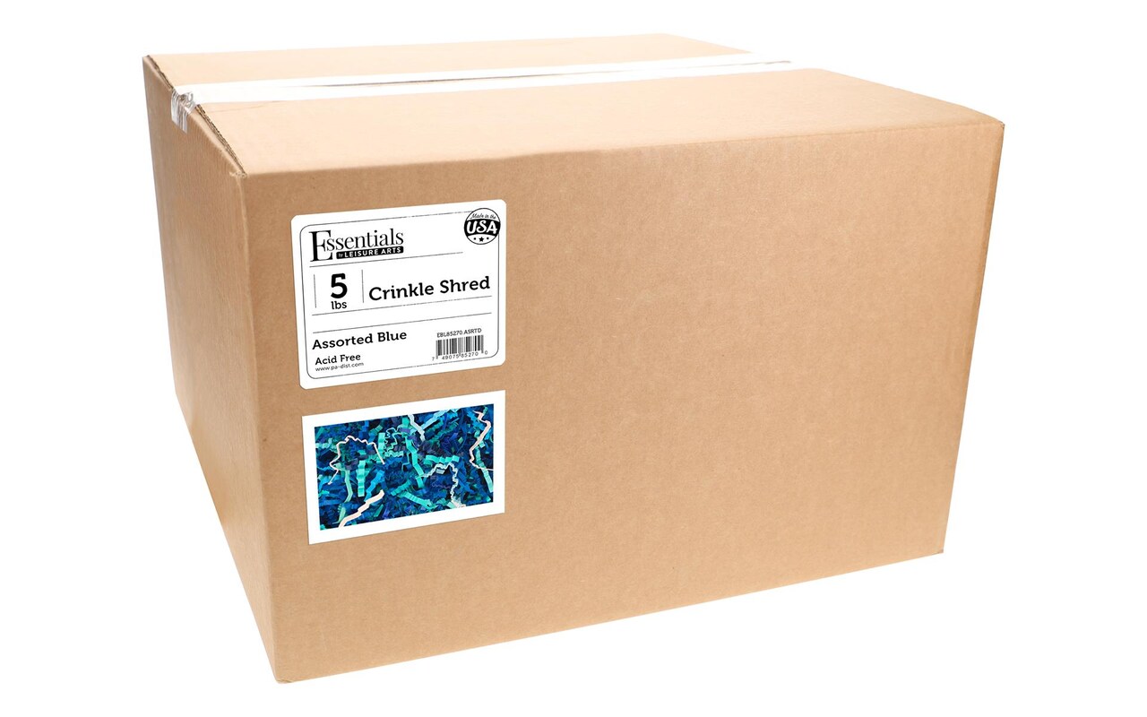 Essentials by Leisure Arts Crinkle Shred Box, Assorted Blue, 5lbs Shredded Paper Filler, Crinkle Cut Paper Shred Filler, Box Filler, Shredded Paper for Gift Box, Paper Crinkle Filler, Box Filling